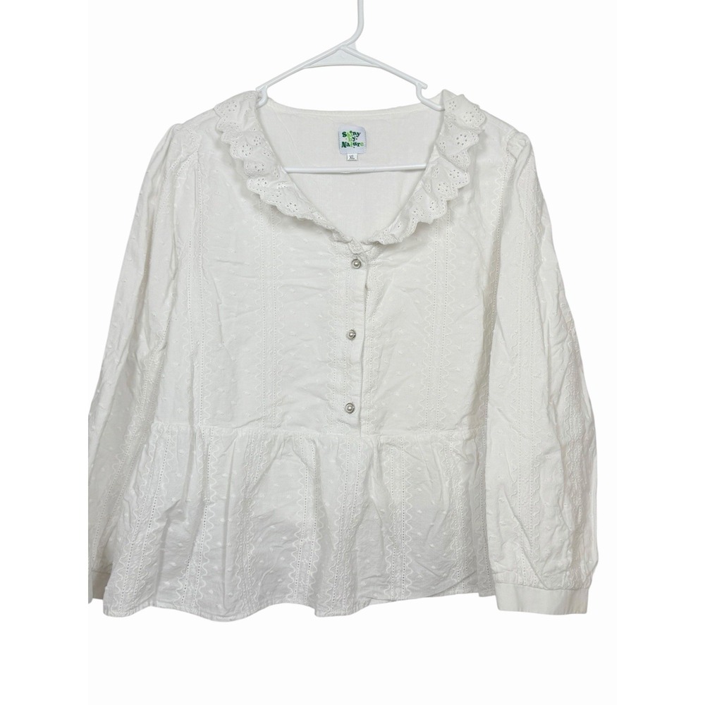 Cottagecore White Eyelet Lace Blouse Peter Pan Collar Peplum Romantic XL